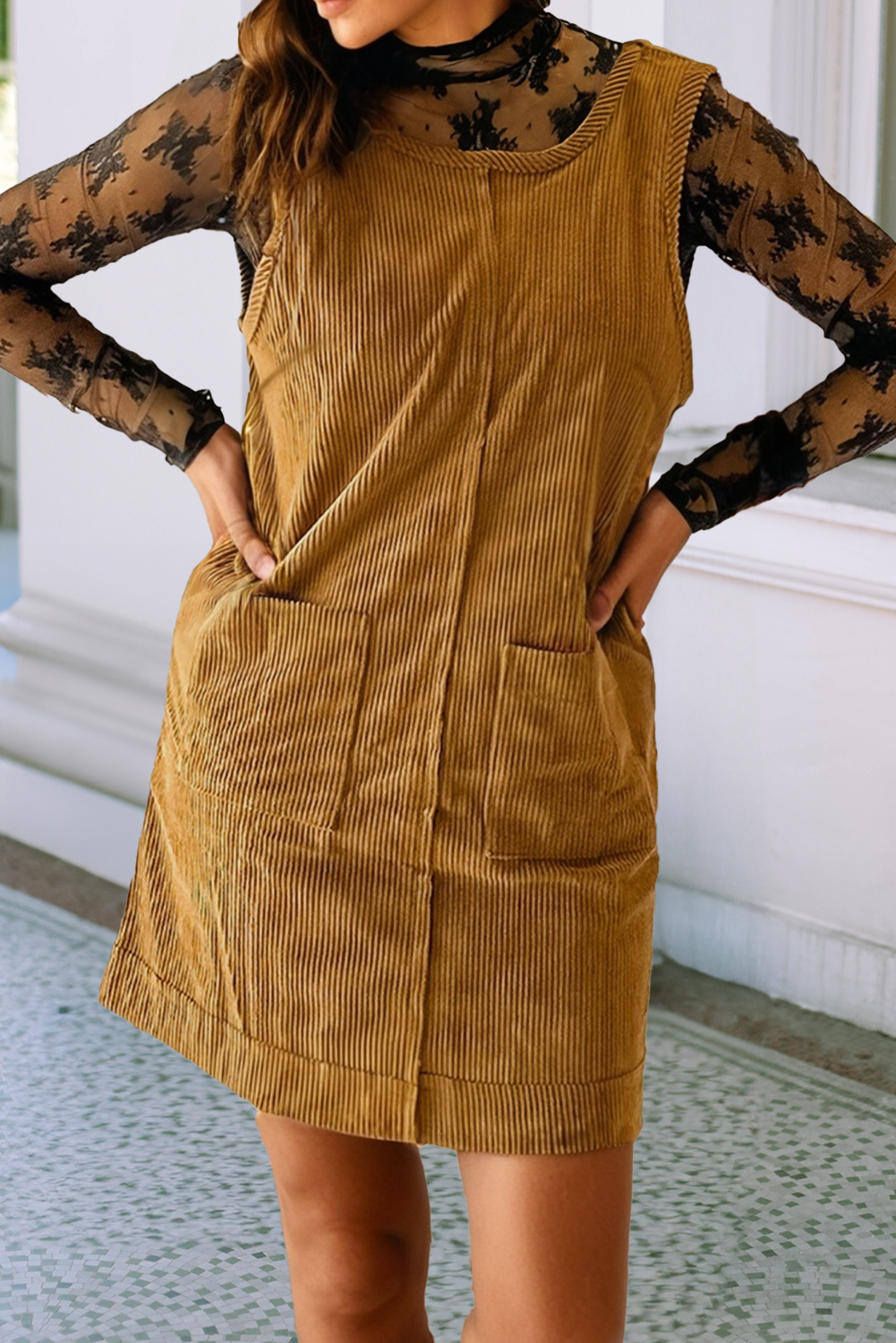 Corduroy Sleeveless Patched Pockets Mini Dress
