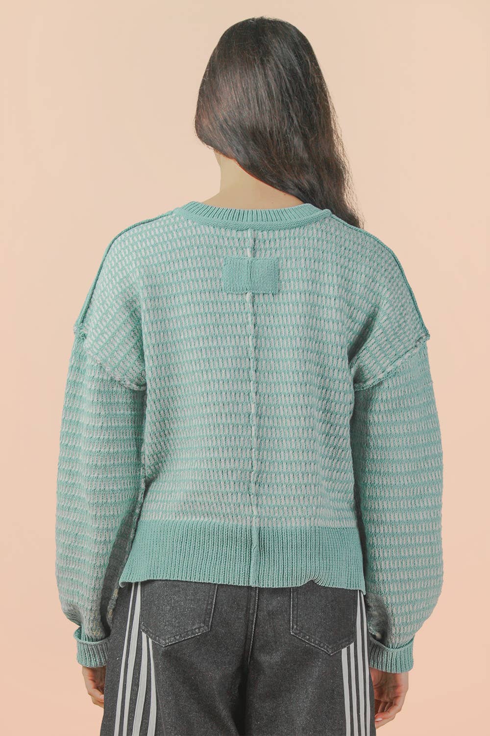12W3383N-Two Tone Textured Knit Casual Sweater Top