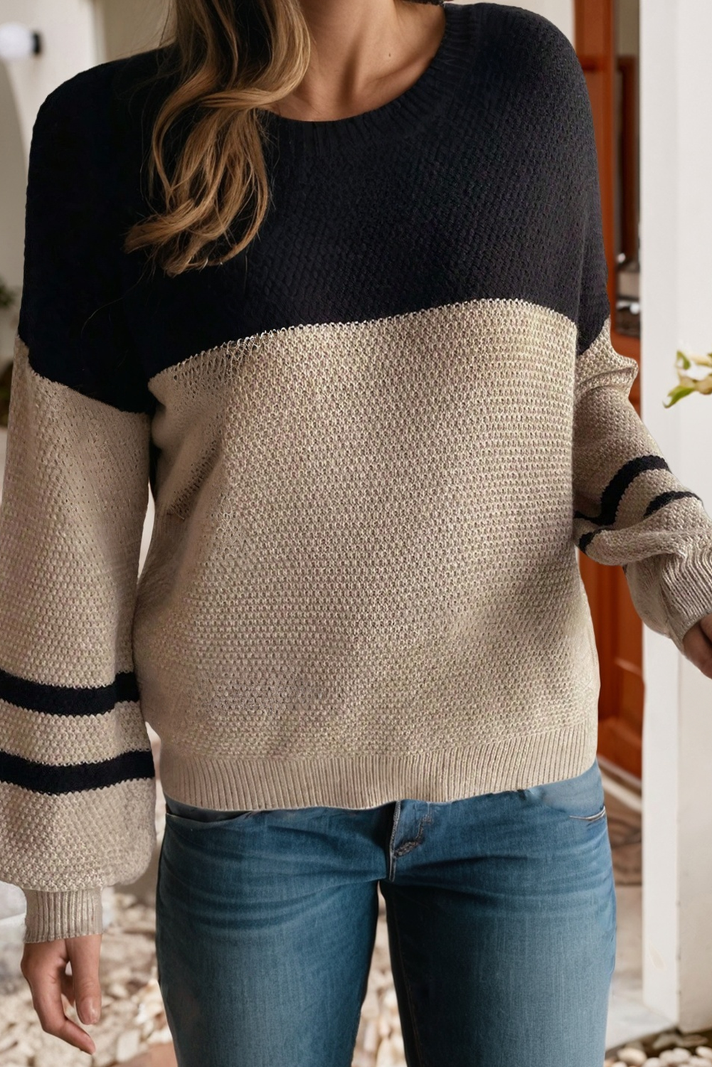 Color Block Knit Striped Sleeve Detail Casual Sweater