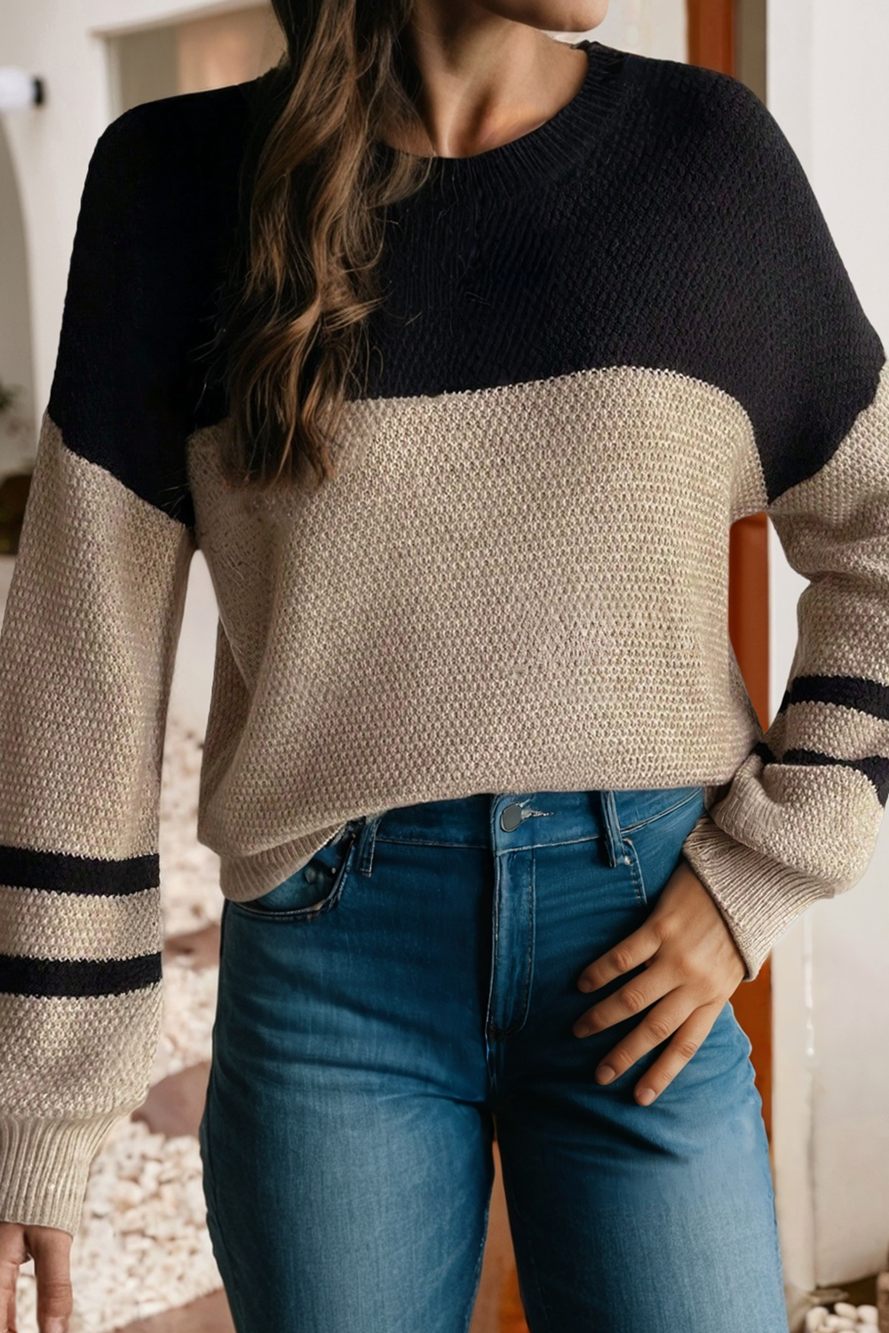 Color Block Knit Striped Sleeve Detail Casual Sweater
