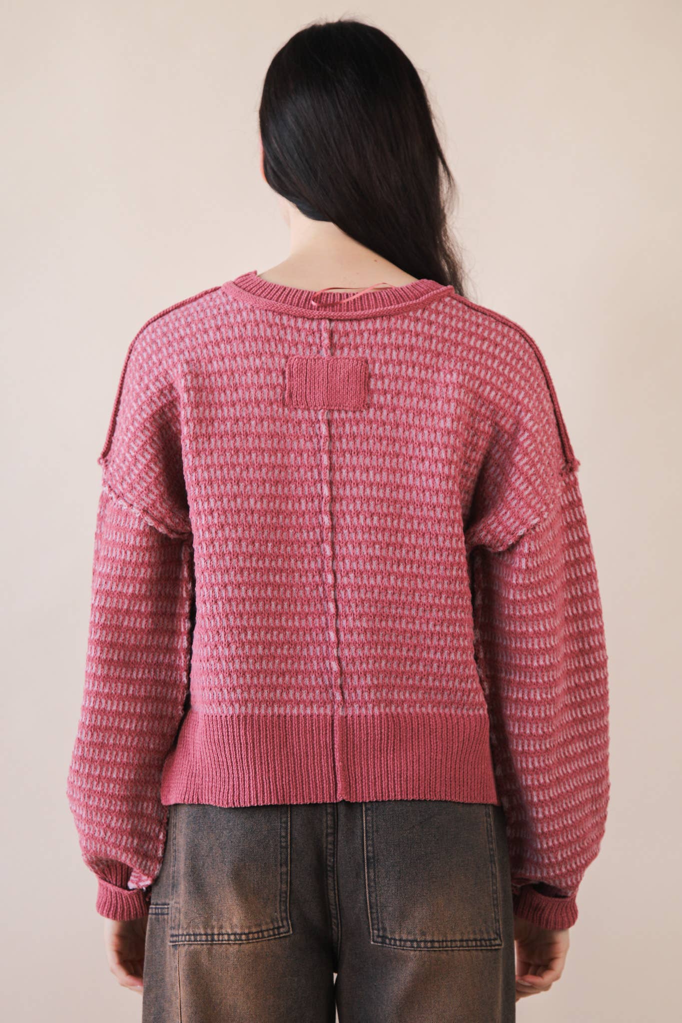12W3383N-Two Tone Textured Knit Casual Sweater Top