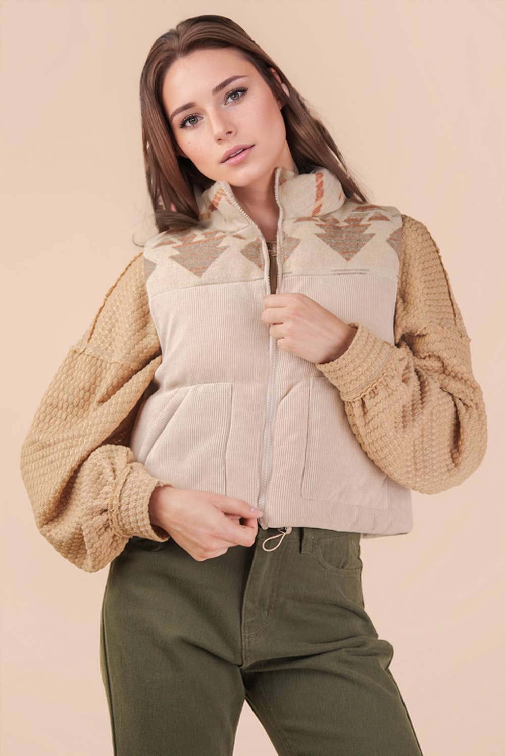 Aztec Graphic Corduroy Casual Puffer Vest