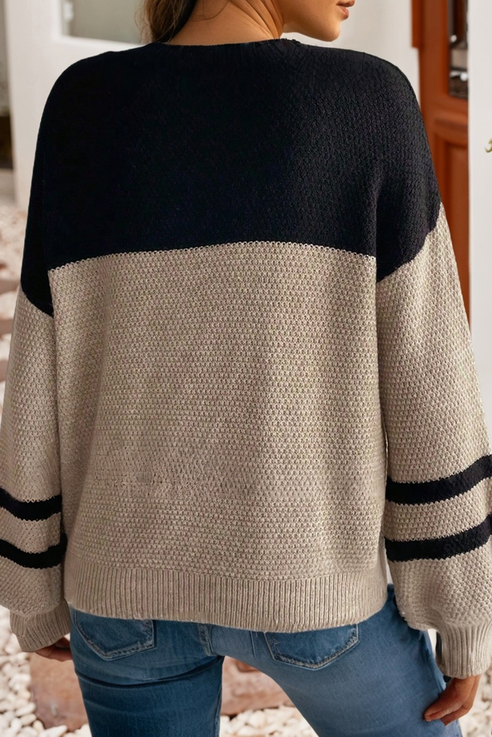 Color Block Knit Striped Sleeve Detail Casual Sweater