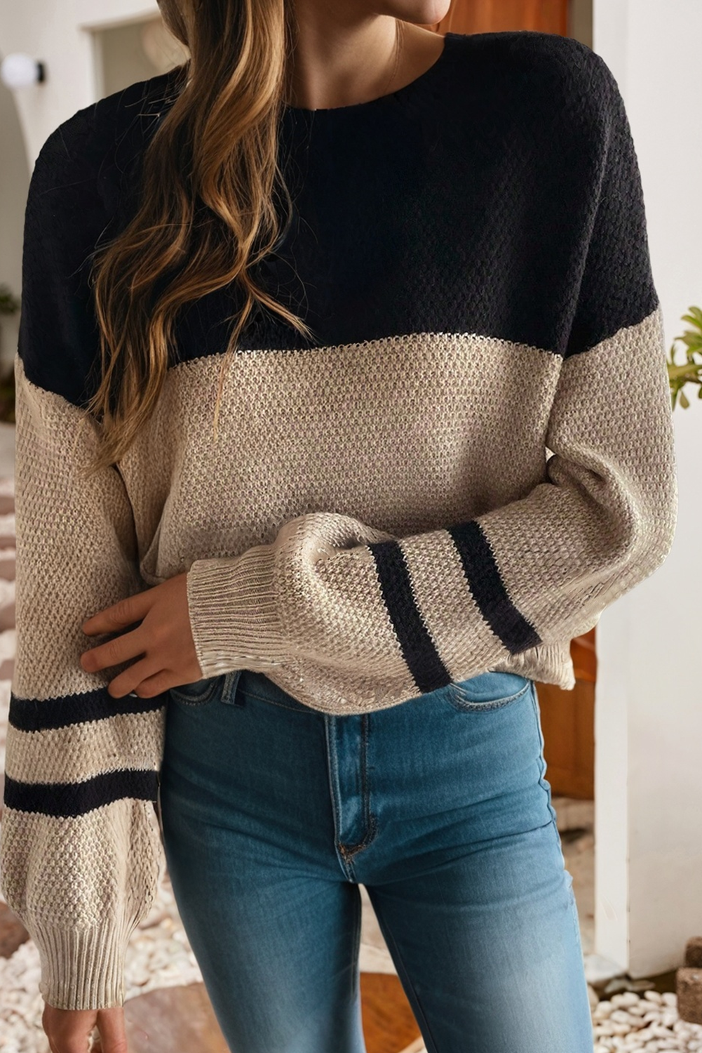 Color Block Knit Striped Sleeve Detail Casual Sweater