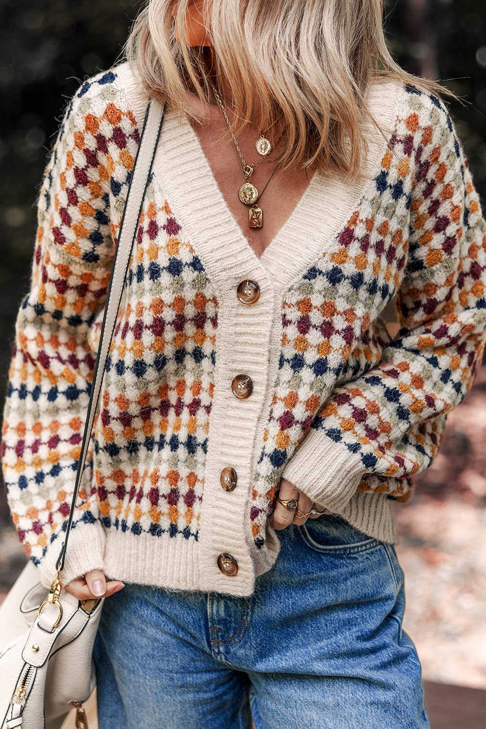 Multicolour Dotty Pattern Button V Neck Sweater Cardigan