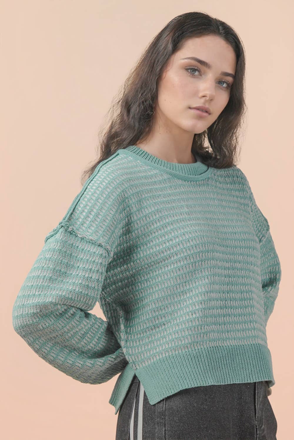 12W3383N-Two Tone Textured Knit Casual Sweater Top