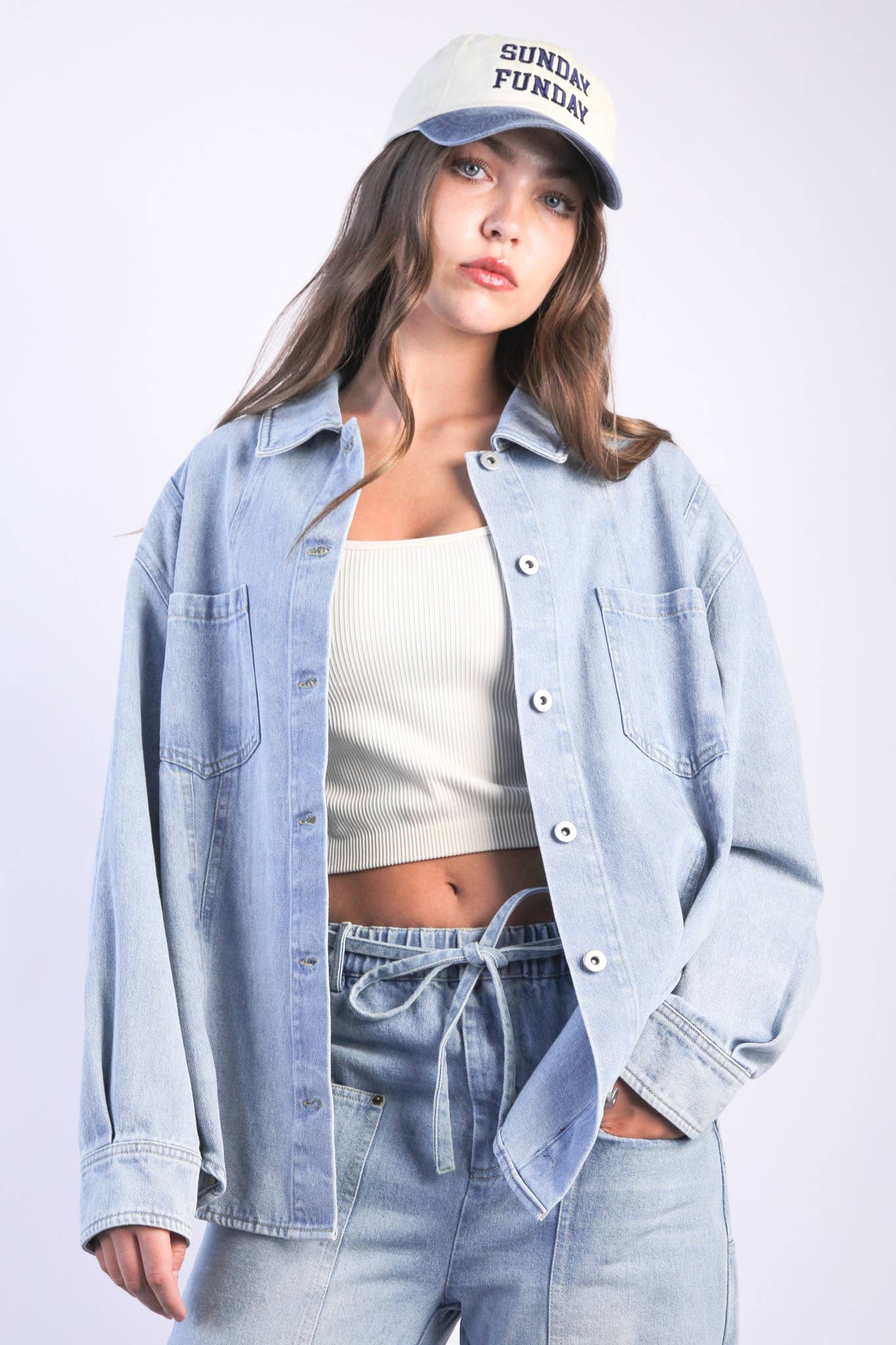 VJT80088-VERY JEAN Oversized Washed Denim Shirt Top