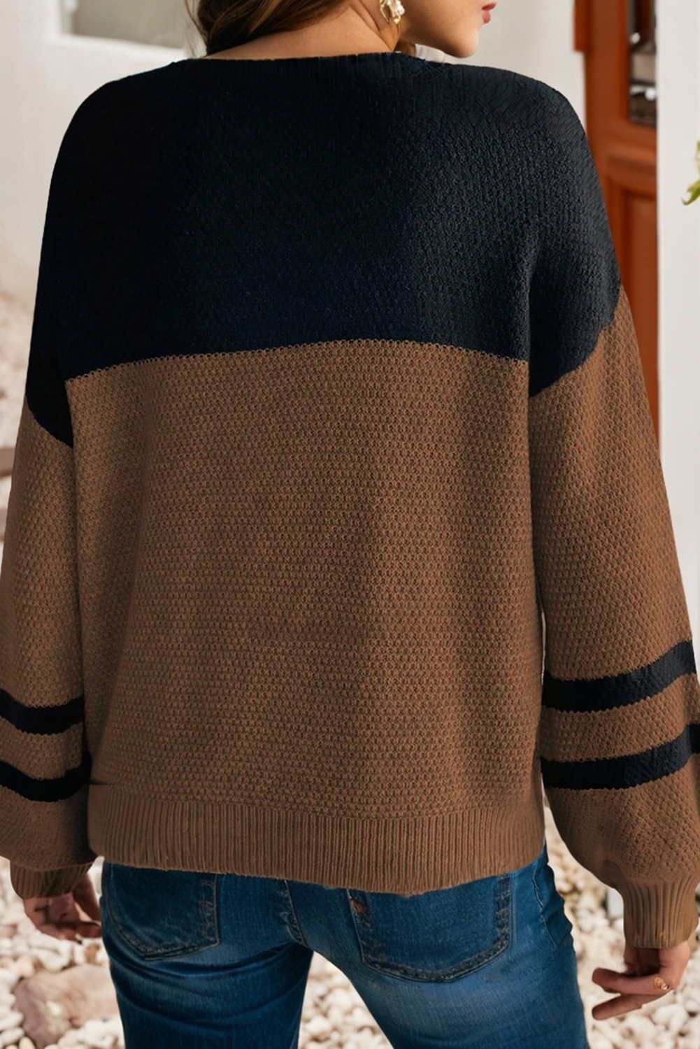 Color Block Knit Striped Sleeve Detail Casual Sweater