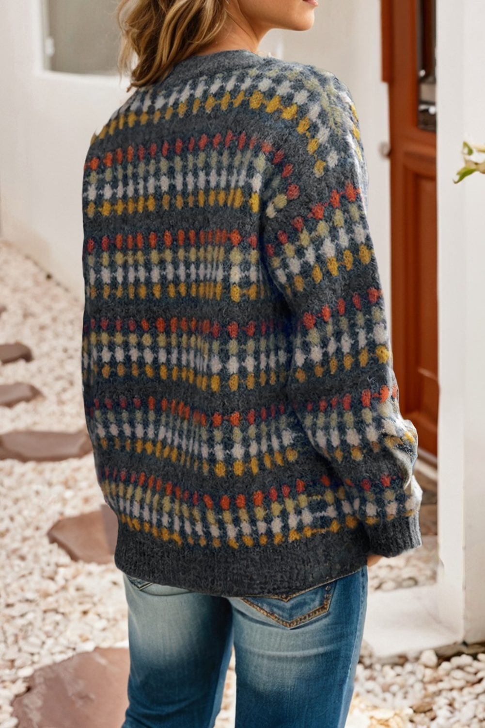 Multicolour Dotty Pattern Button V Neck Sweater Cardigan