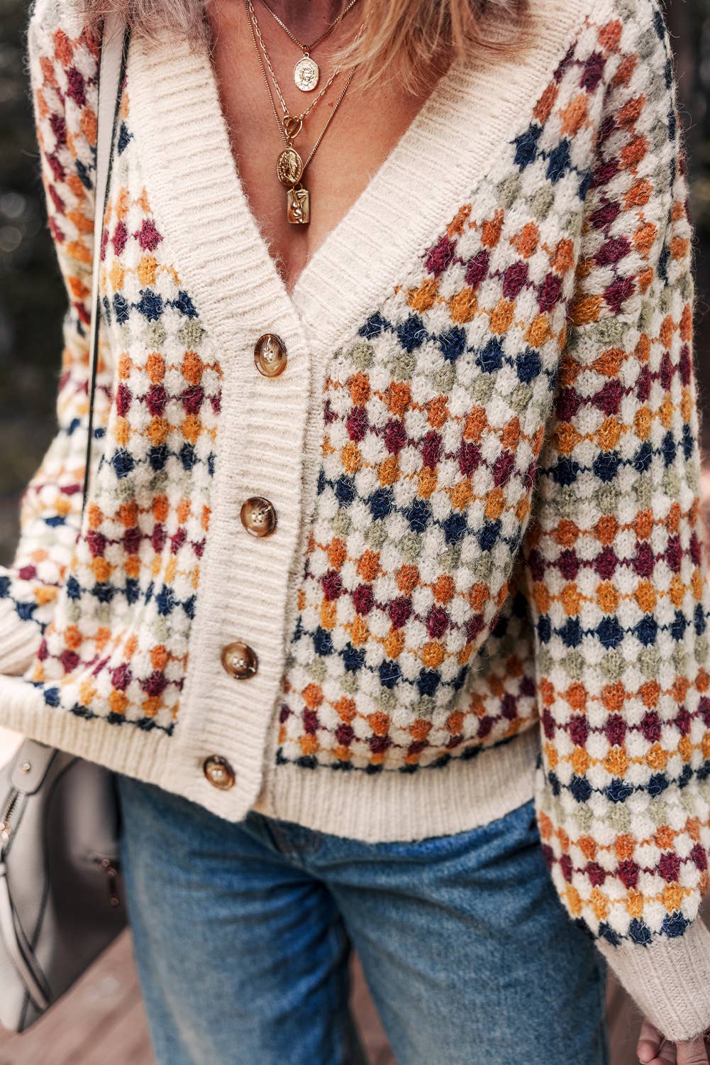 Multicolour Dotty Pattern Button V Neck Sweater Cardigan