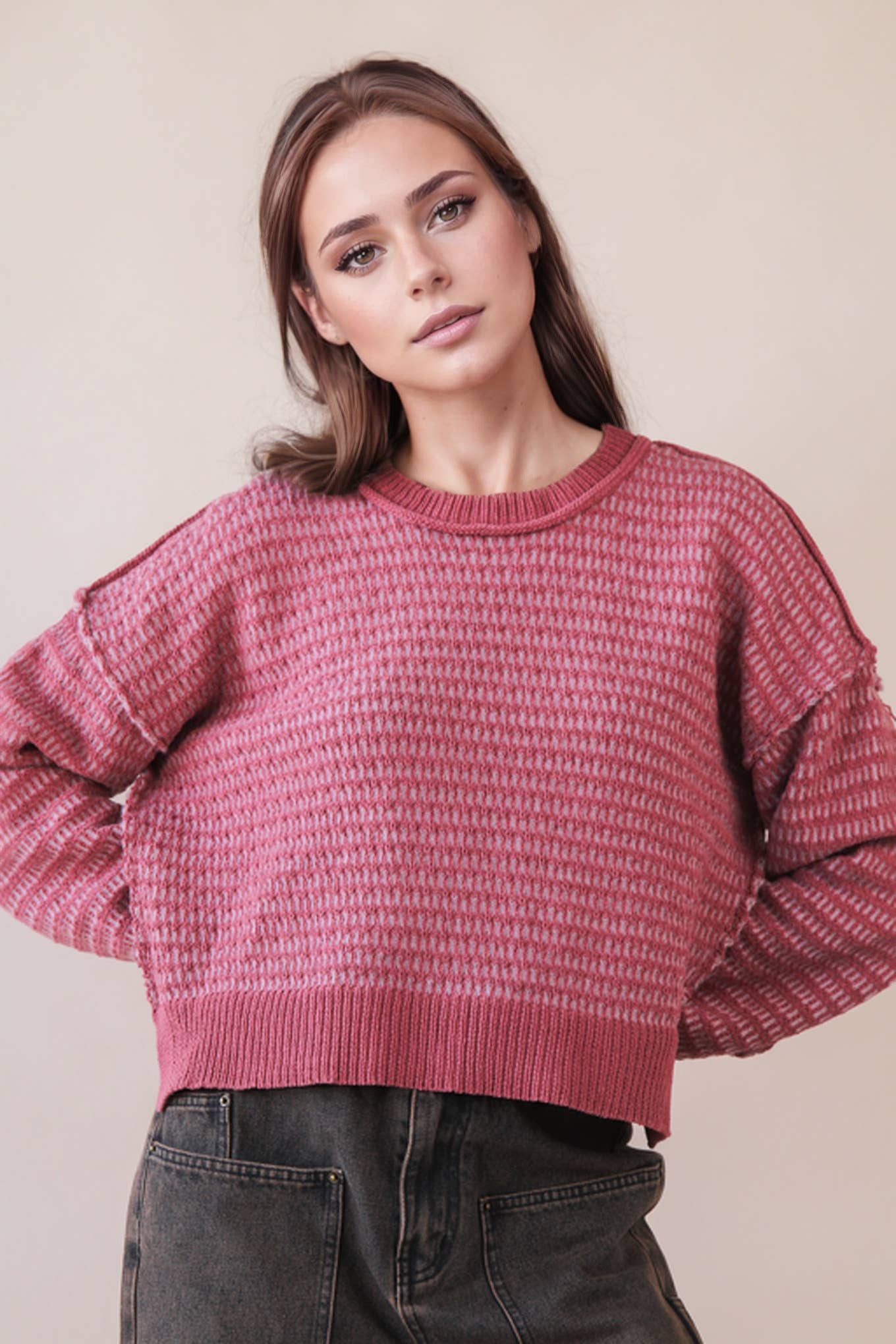 12W3383N-Two Tone Textured Knit Casual Sweater Top