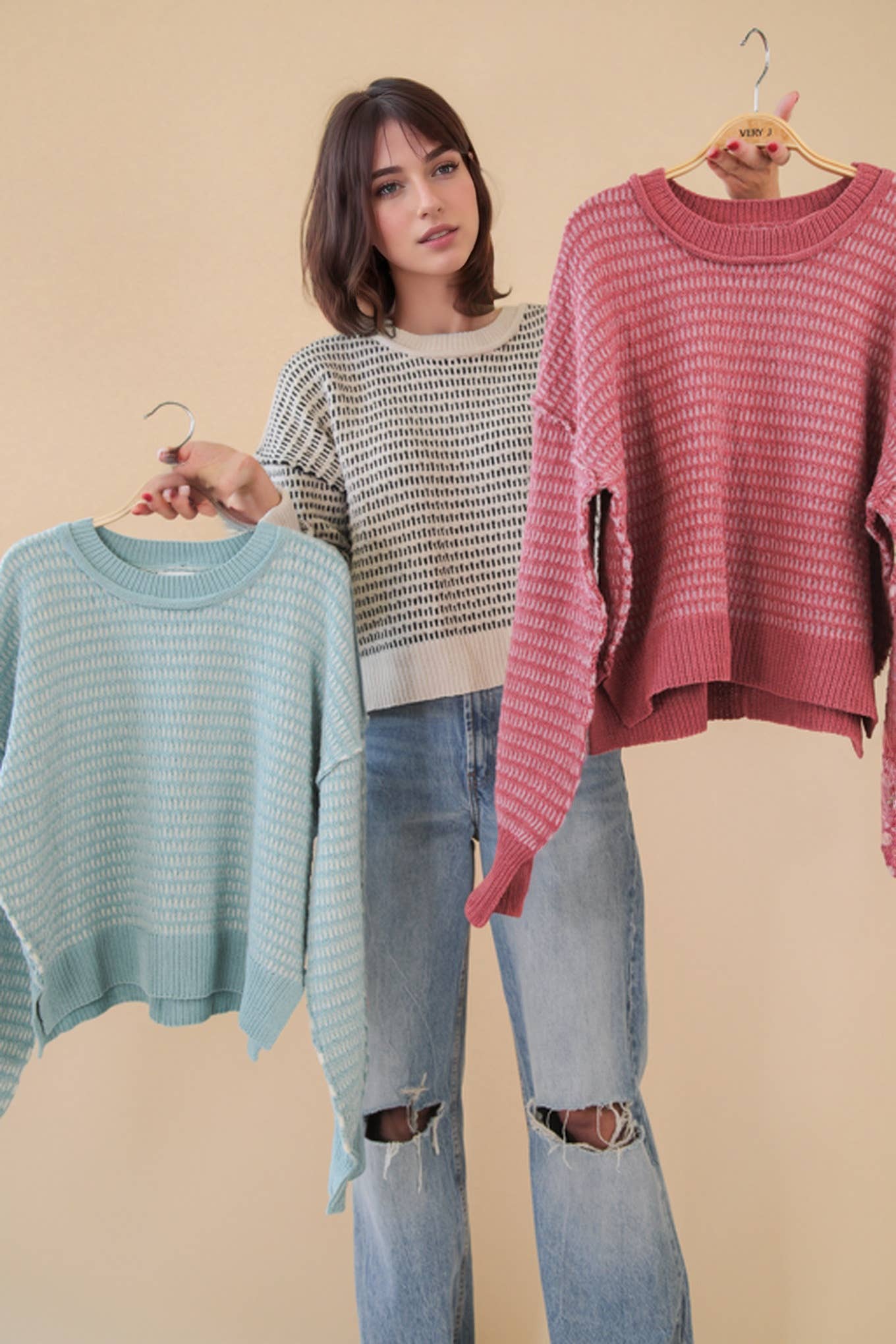 12W3383N-Two Tone Textured Knit Casual Sweater Top
