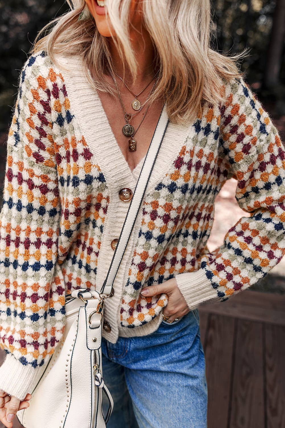 Multicolour Dotty Pattern Button V Neck Sweater Cardigan