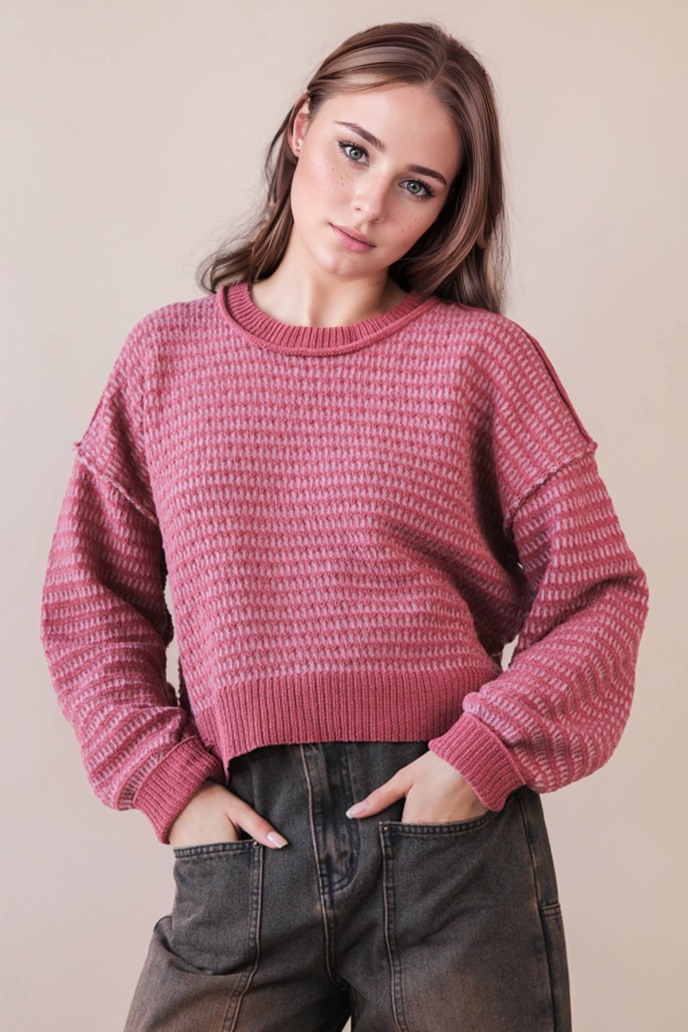 12W3383N-Two Tone Textured Knit Casual Sweater Top