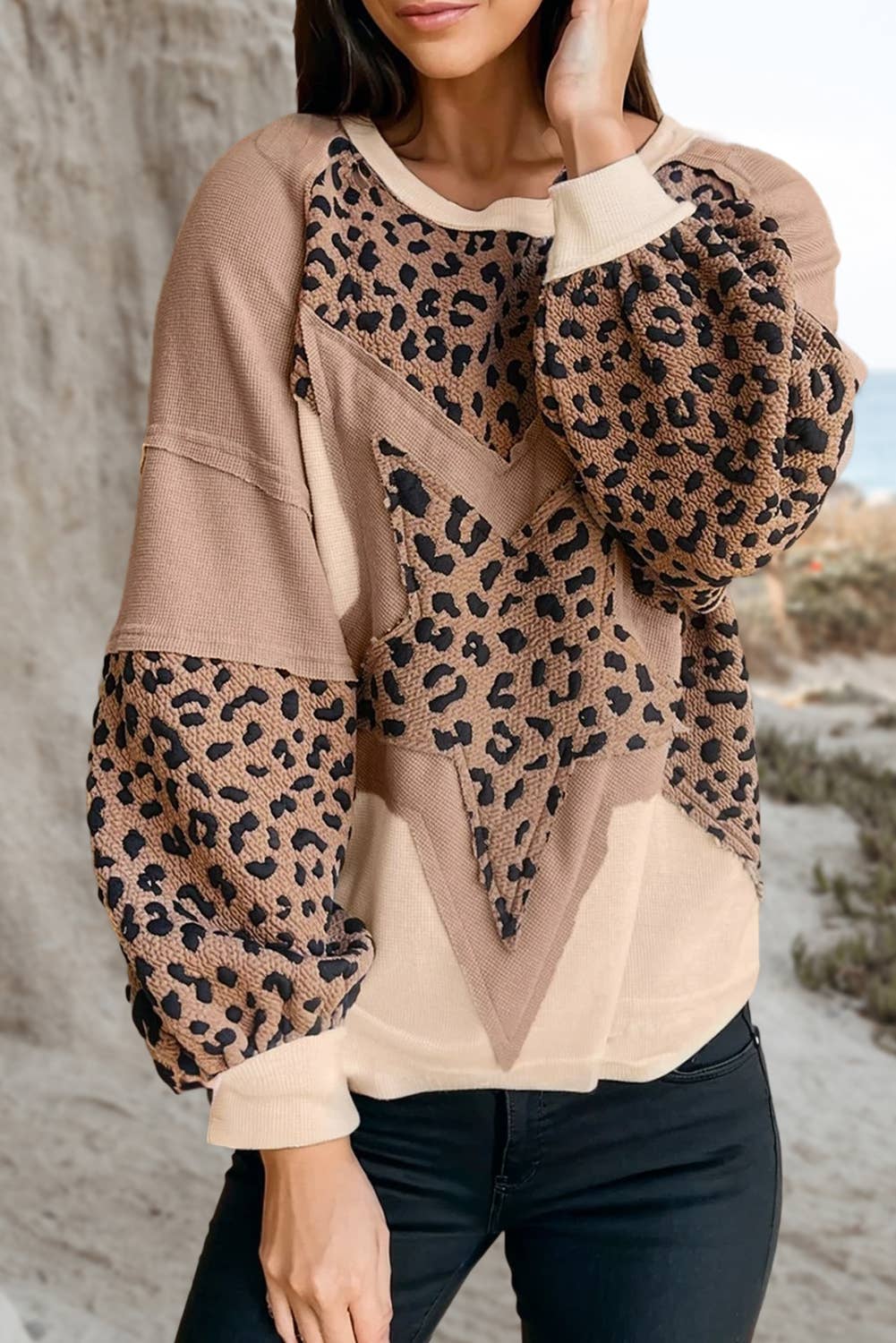 Leopard Star Patch Long Sleeve Sweatshirt | S-XL