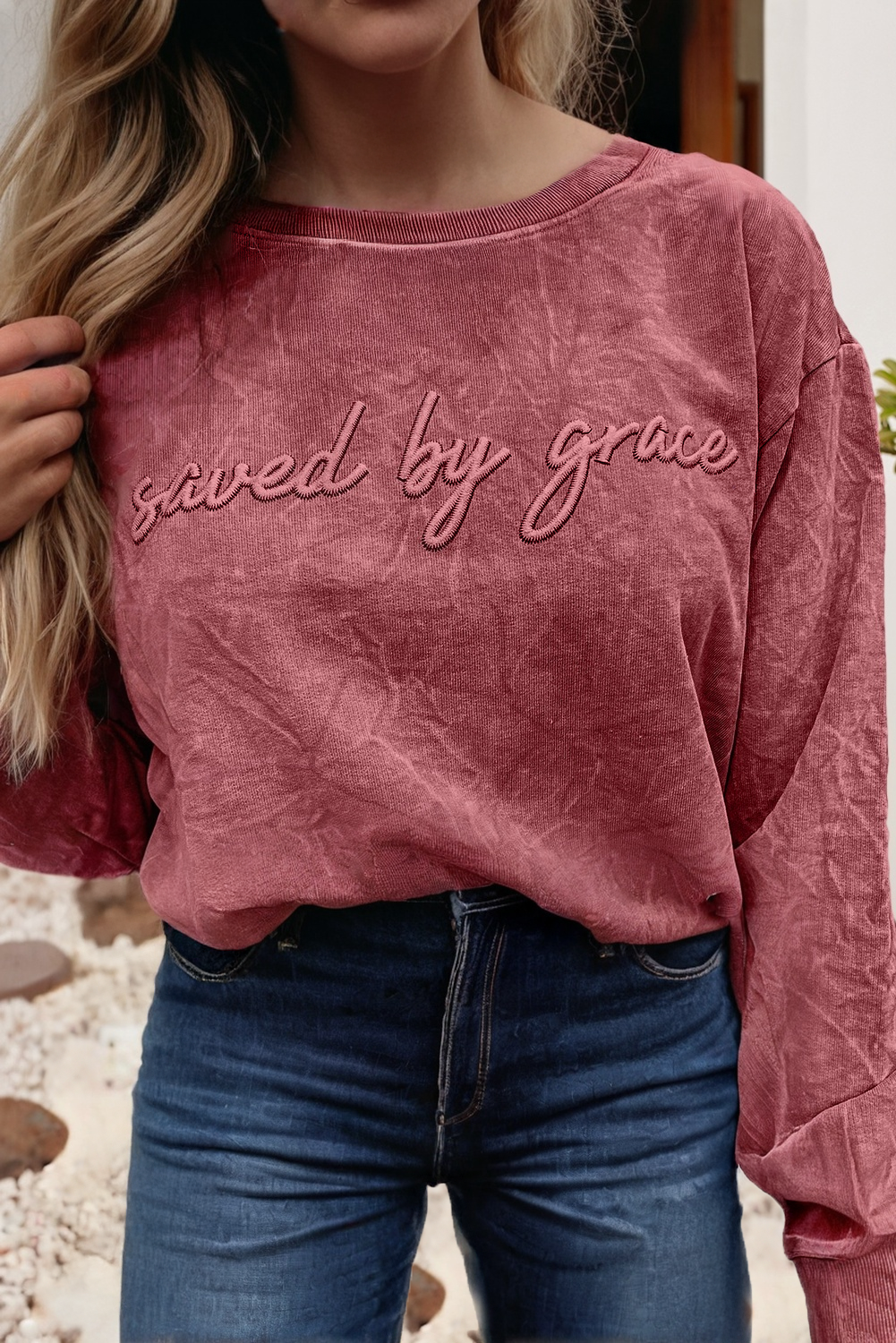 Saved By Grace Embroidery Mineral Wash Loose Sweatshirt