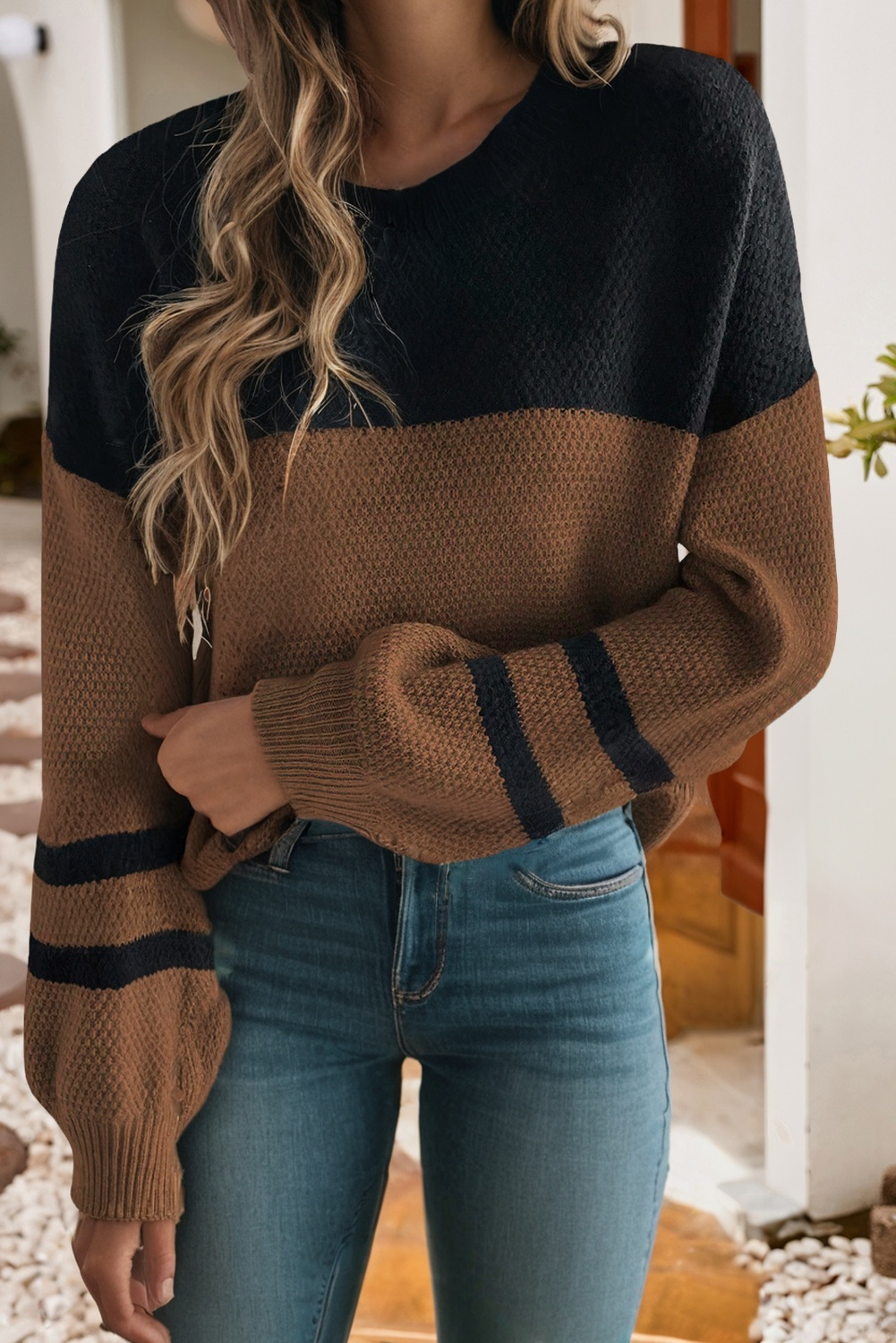 Color Block Knit Striped Sleeve Detail Casual Sweater
