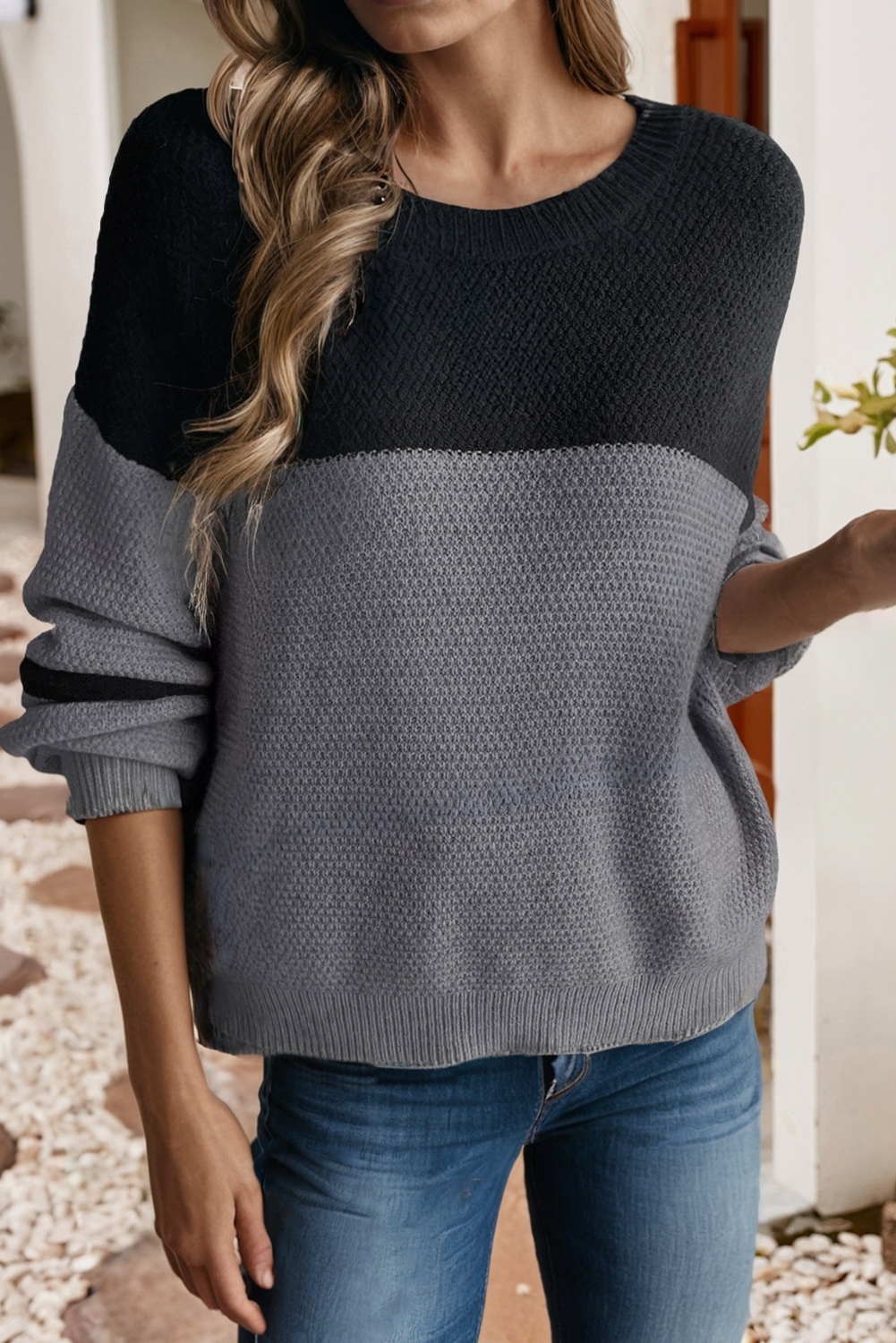 Color Block Knit Striped Sleeve Detail Casual Sweater