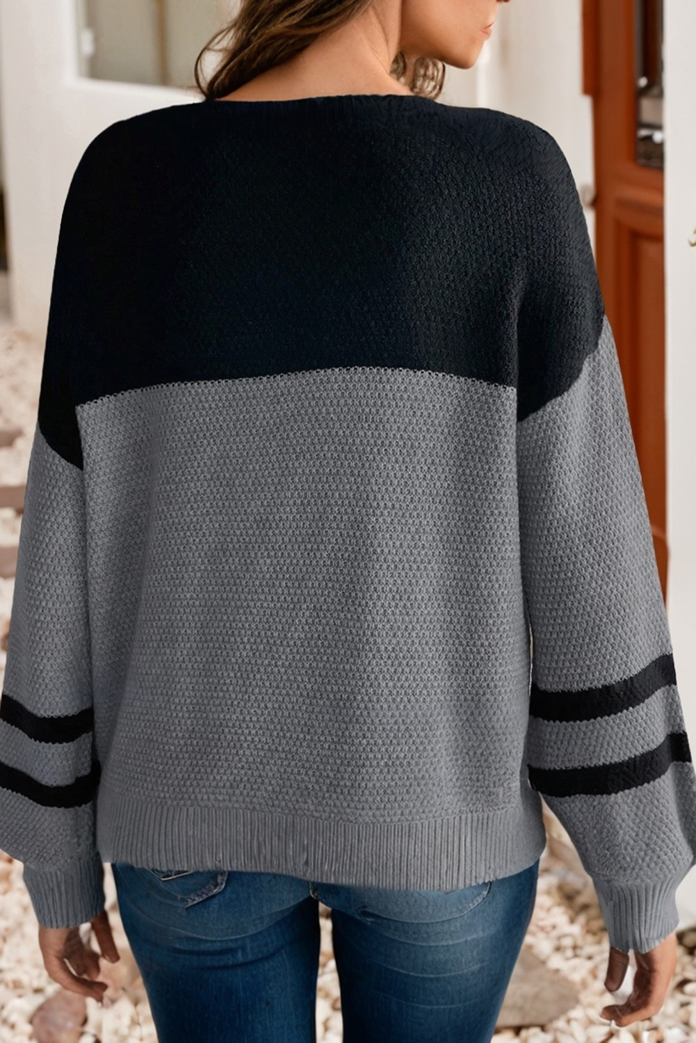Color Block Knit Striped Sleeve Detail Casual Sweater