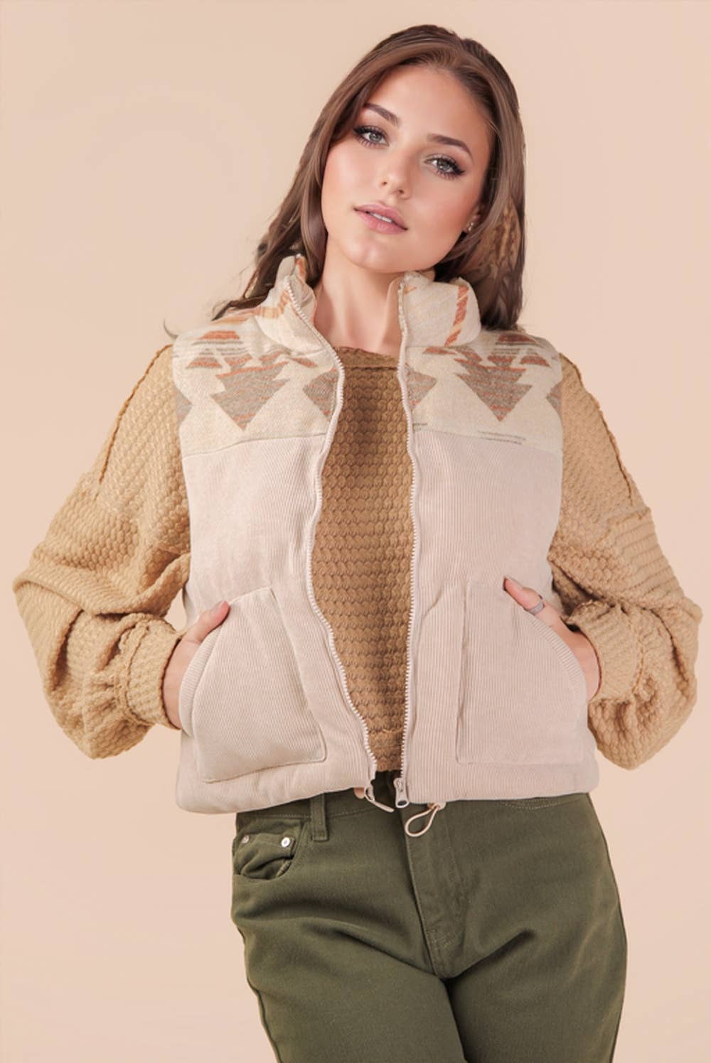 Aztec Graphic Corduroy Casual Puffer Vest