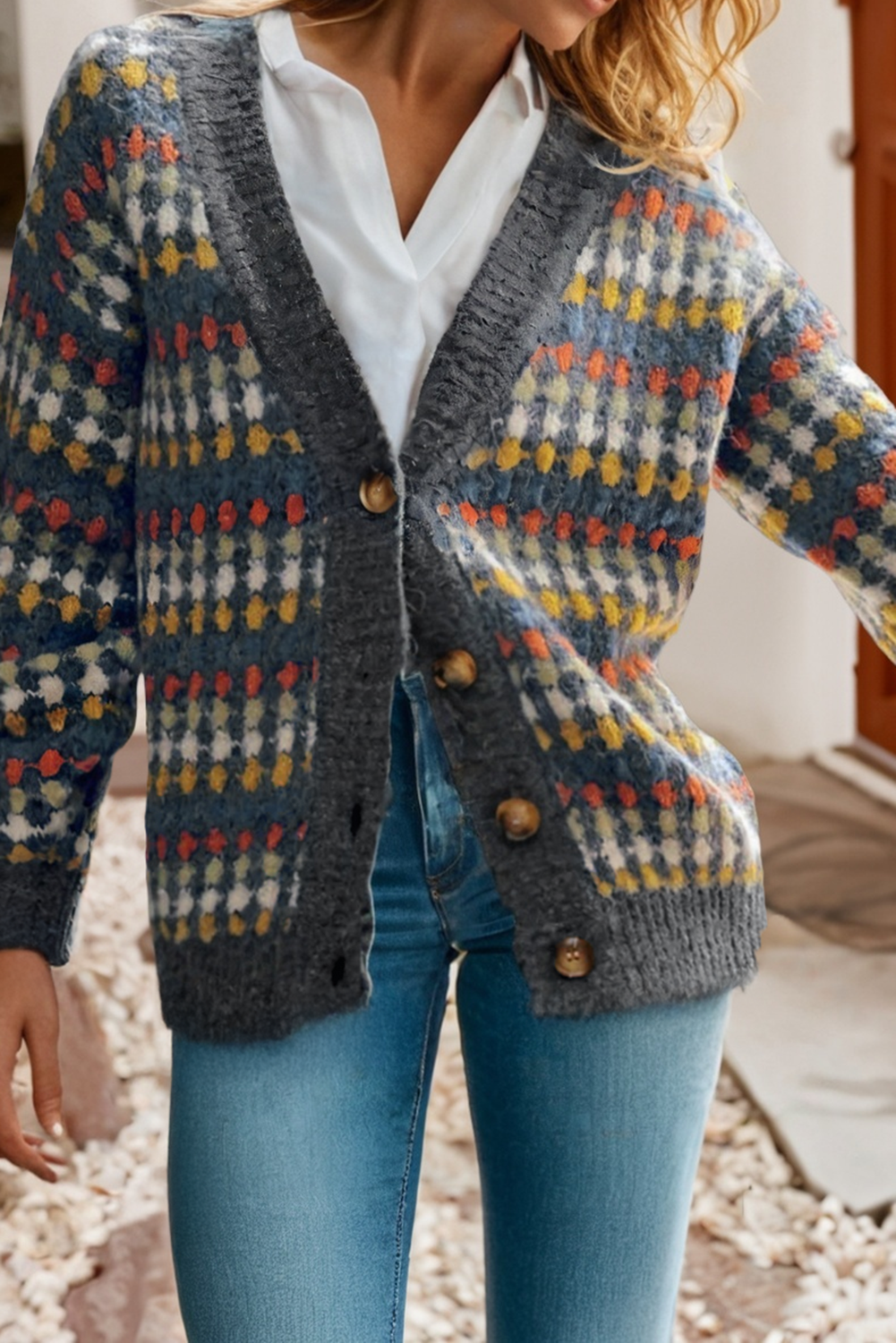 Multicolour Dotty Pattern Button V Neck Sweater Cardigan