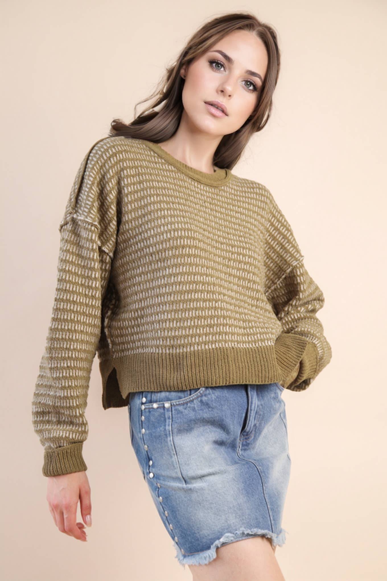 12W3383N-Two Tone Textured Knit Casual Sweater Top