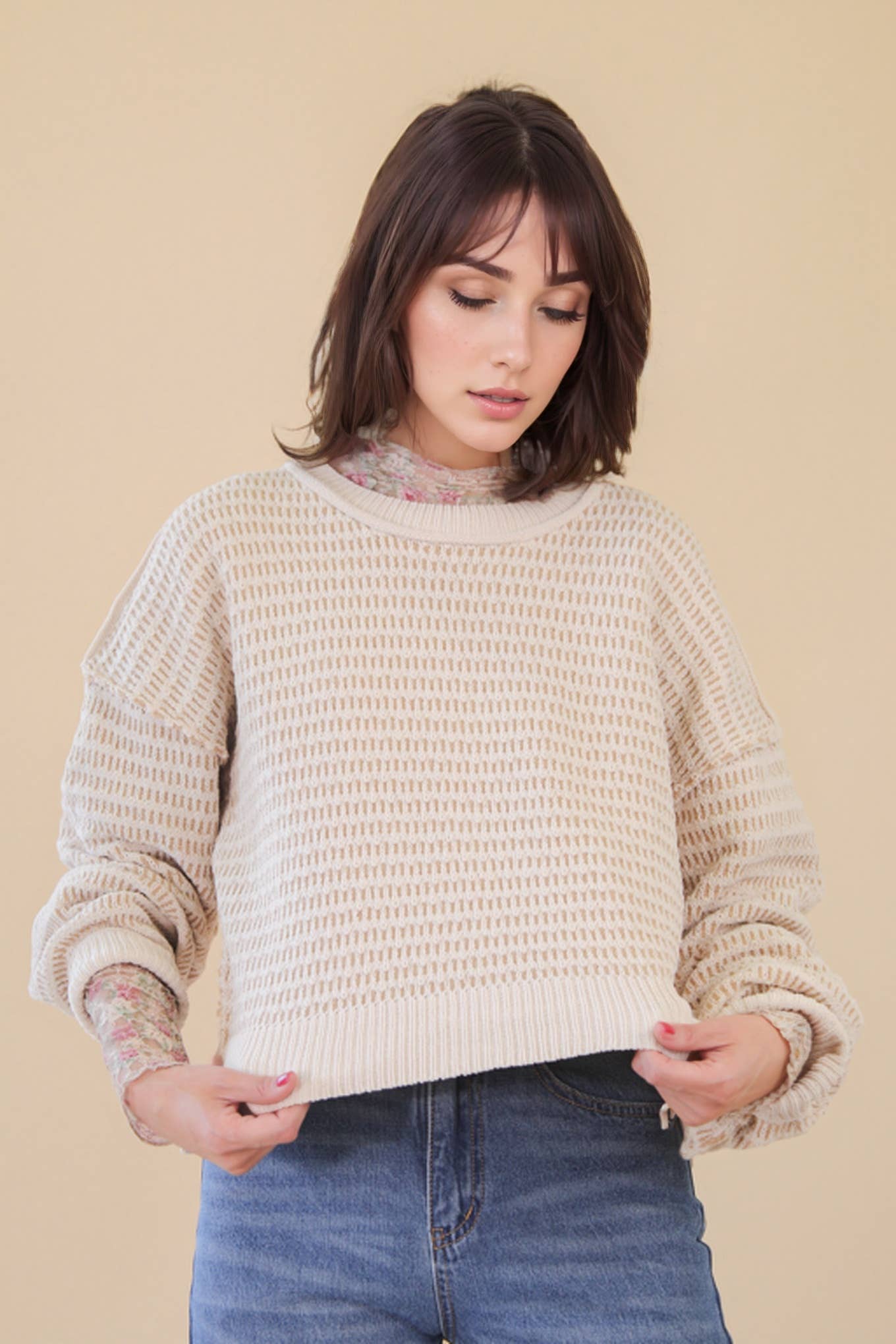 12W3383N-Two Tone Textured Knit Casual Sweater Top
