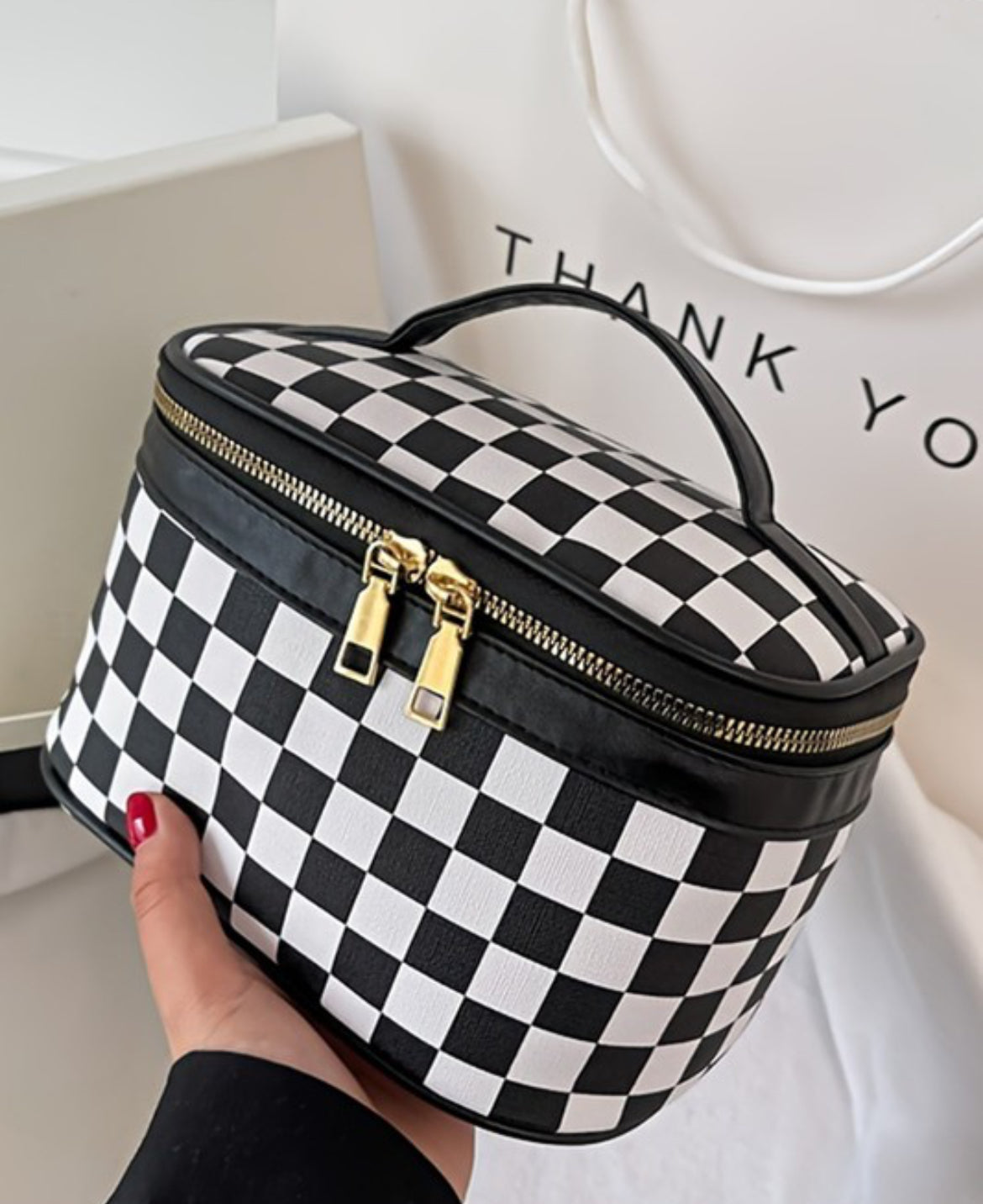 Checkered Makeup Bag with Handle