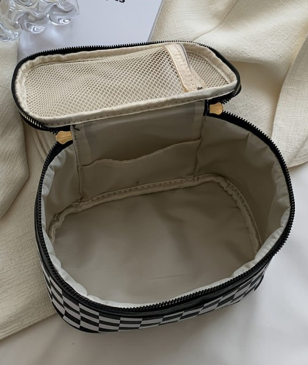 Checkered Makeup Bag with Handle