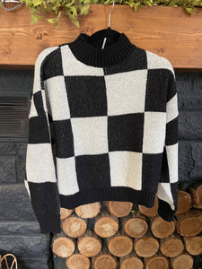 Black/White Checkered Mock Neck Sweater