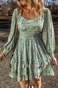 Green Floral Long Sleeve Dress