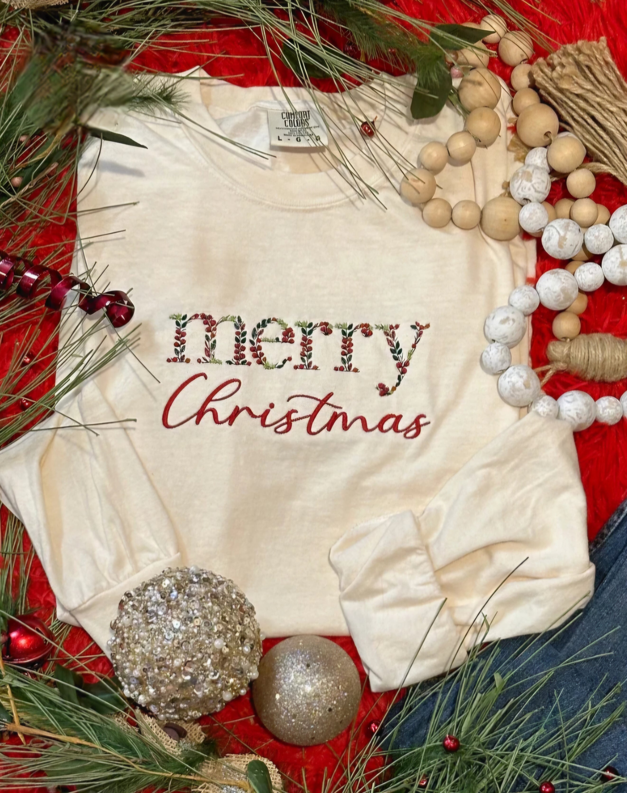 Embroidered Merry Christmas Long Sleeve Tee