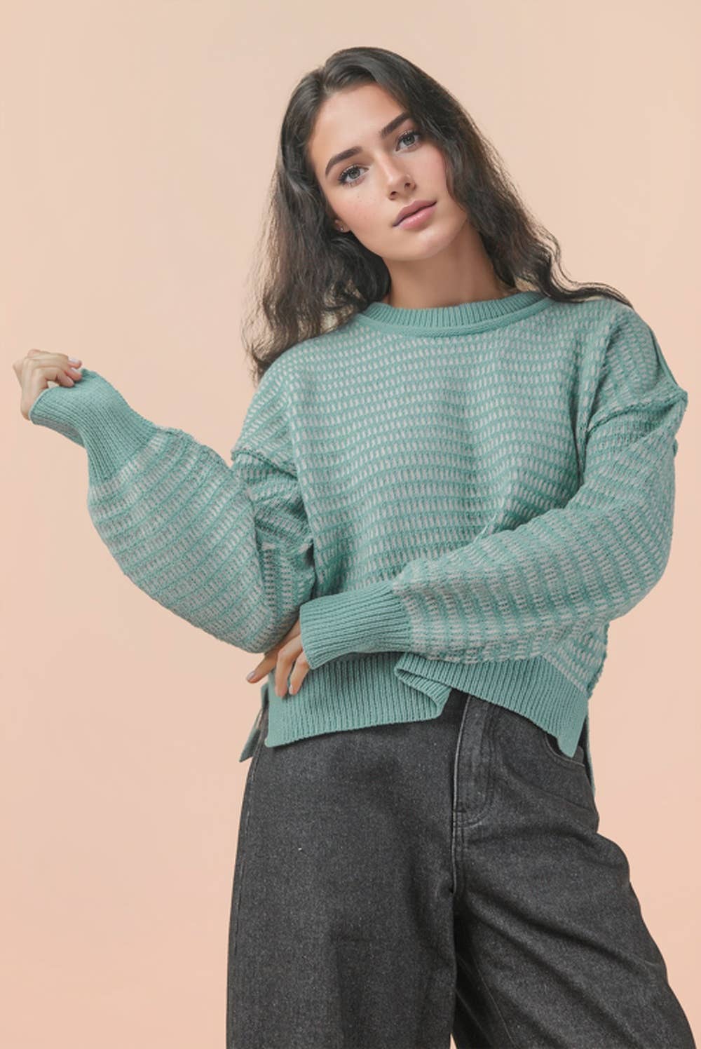 12W3383N-Two Tone Textured Knit Casual Sweater Top