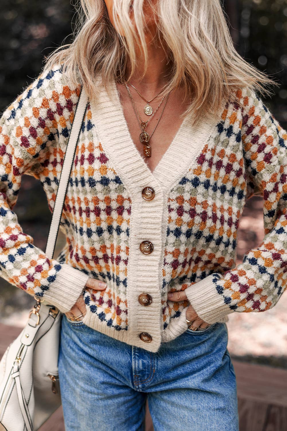 Multicolour Dotty Pattern Button V Neck Sweater Cardigan
