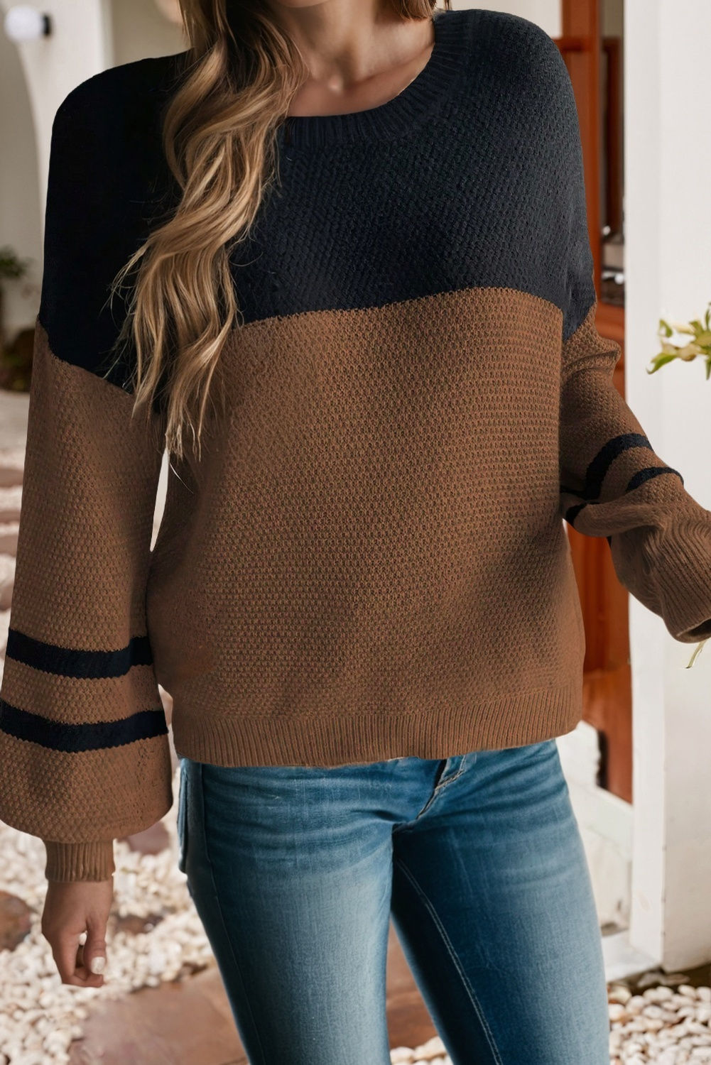 Color Block Knit Striped Sleeve Detail Casual Sweater