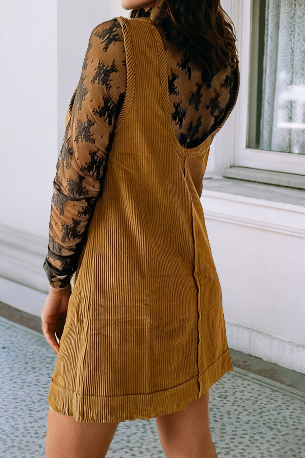 Corduroy Sleeveless Patched Pockets Mini Dress