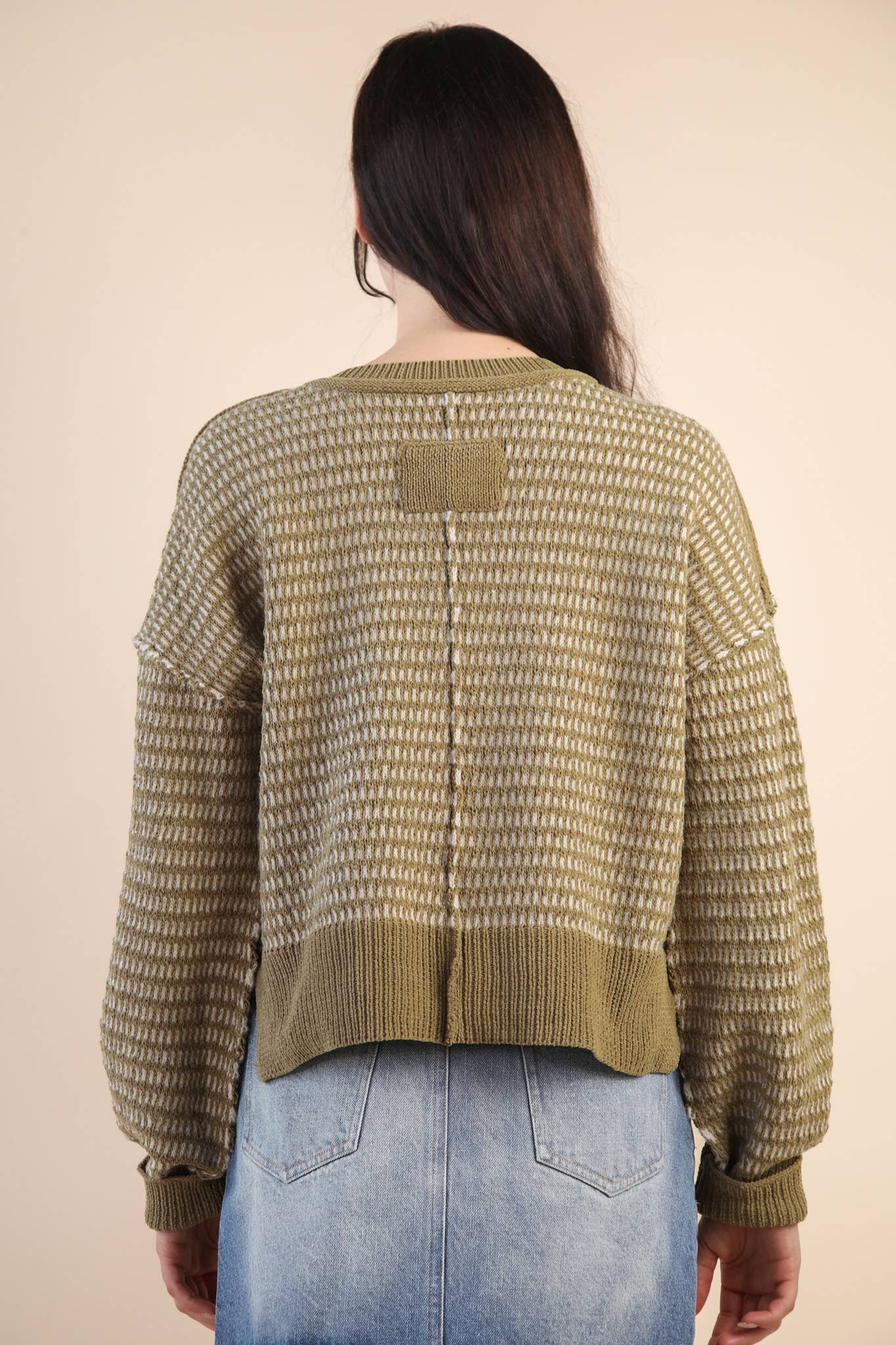 12W3383N-Two Tone Textured Knit Casual Sweater Top