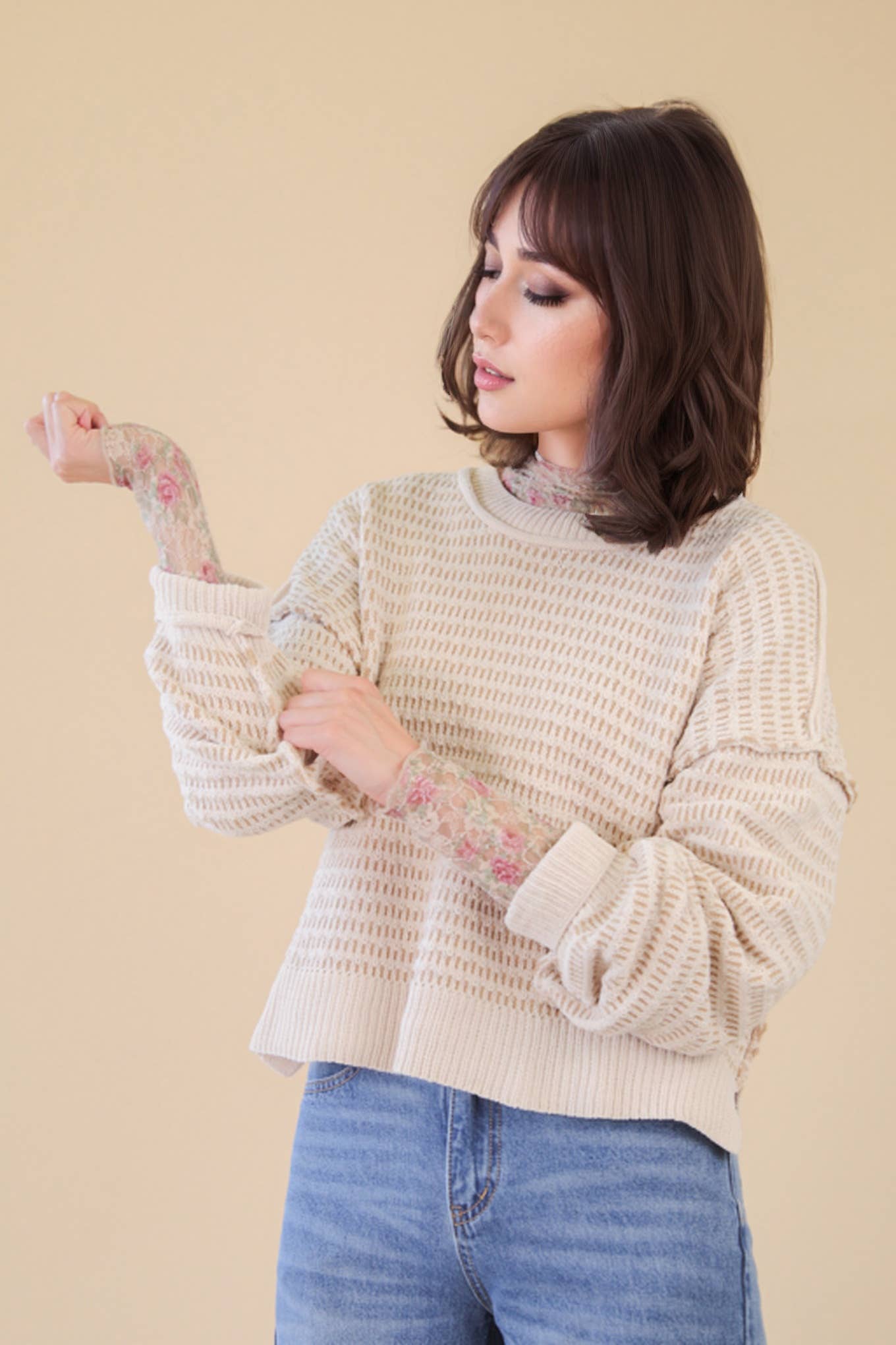 12W3383N-Two Tone Textured Knit Casual Sweater Top