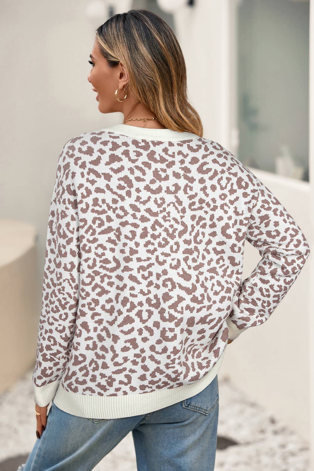 Leopard Drop Shoulder Chunky Knitted Cardigan Sweater