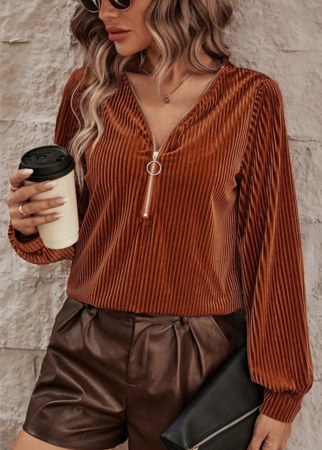 Half Zip Ribbed Velvet Top